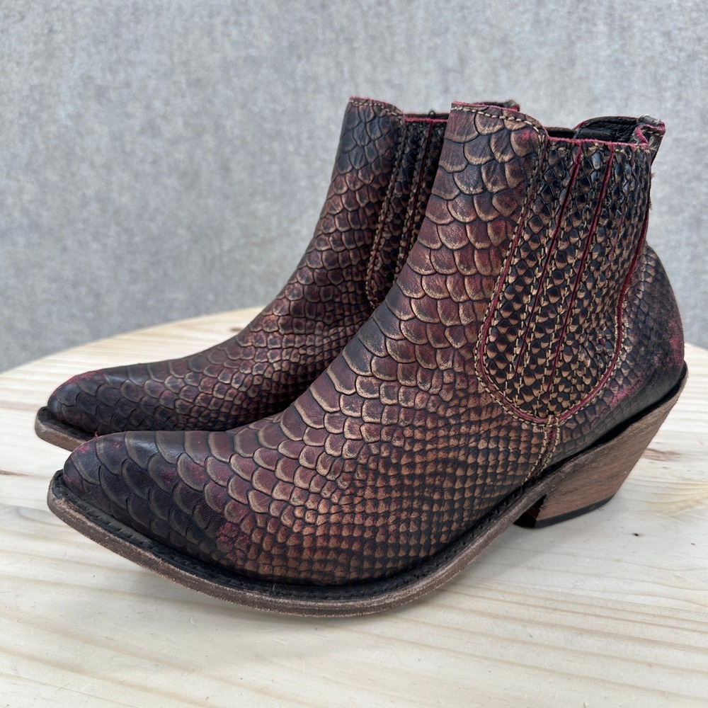 Snakeskin Embossed Ankle Boots Womens 9 Copper Leather Western Point Toe
